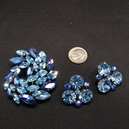 Regency Blue Rhinestone Brooch Earrings Set, 1950s Vintage Jewelry
