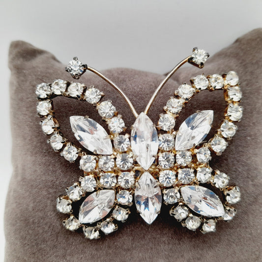Vintage Mid-Century Clear Rhinestone Butterfly Brooch Pin Silver Tone