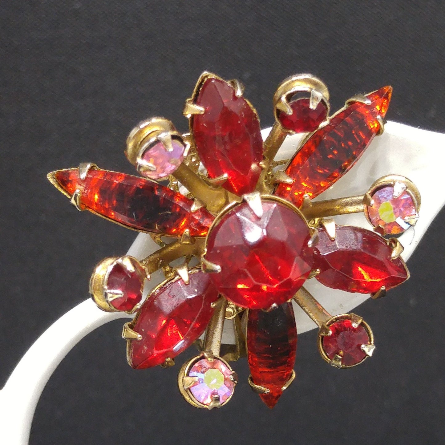 Red Floral Rhinestone Brooch Earrings Set, Aurora Borealis Pink, 1950s Vintage Jewelry