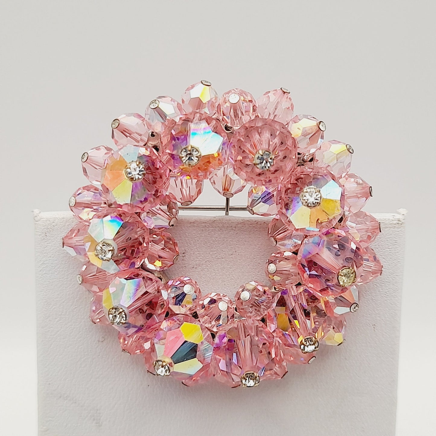 Vintage 1960s Pink Crystal Beaded Brooch Rhinestone Head Pin Accents