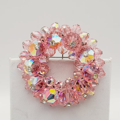 Vintage 1960s Pink Crystal Beaded Brooch Rhinestone Head Pin Accents