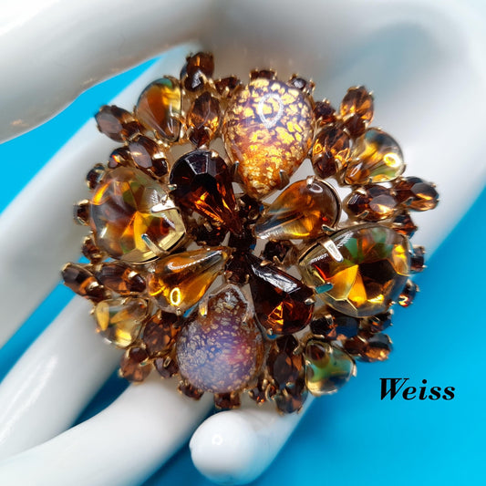 Vintage Weiss Brooch, Art Glass Cabochons, Gold Plated, 1960s Jewelry