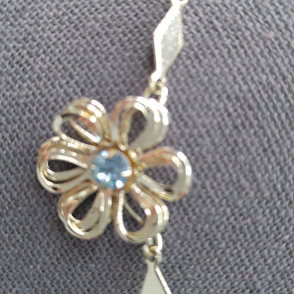 Mid-Century Floral Necklace, Light Blue Rhinestones, Gold Plated, 1950s Vintage Jewelry