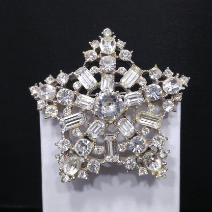 Vintage Clear Rhinestone Five Star Brooch, Heavily Rhodium Plated, 1950s Vintage Jewelry