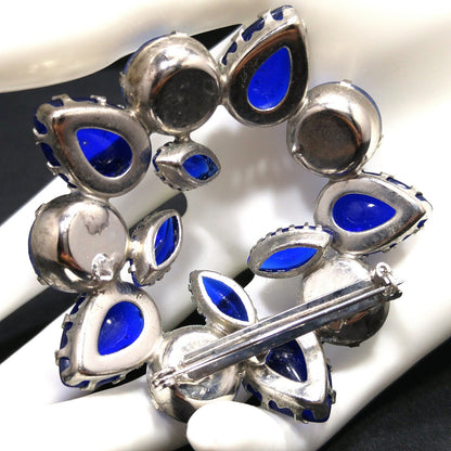 Cobalt Blue Iridescent Rose Wreath Brooch, Silver Tone, Prong Set Rhinestones, 1960s Vintage Jewelry