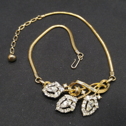 Crown Trifari Rhinestone Pendant Necklace, Snake Chain, 1950s Vintage Jewelry