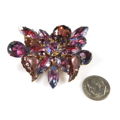 Judy Lee Purple Molded Leaves Brooch, Aurora Borealis Rhinestones, 1950s Vintage Jewelry