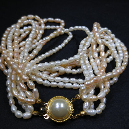 Fresh Water Pearl Necklace, 6 Strands, Silver Gold Plated Clasp, 1980s Vintage Jewelry