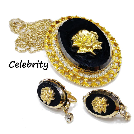Celebrity Gold Rose Black Glass Brooch & Pendant, Matching Clip Earrings, 1970s Vintage Jewelry
