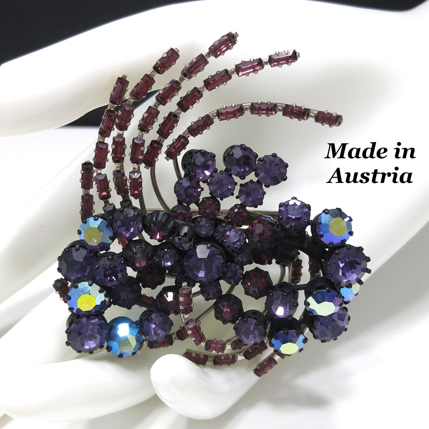 Purple Rhinestone Japanned Made in Austria Brooch, Aurora Borealis, 1960s Vintage