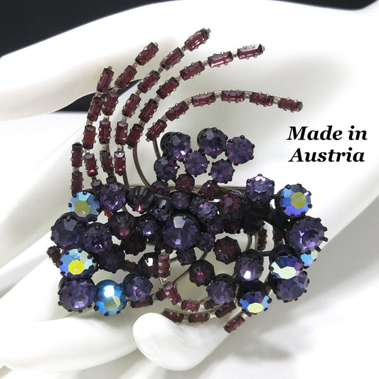 Purple Rhinestone Japanned Made in Austria Brooch, Aurora Borealis, 1960s Vintage