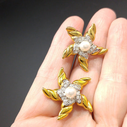 Krementz Gold Plated Starfish Earrings, Faux Pearls, 1970s Vintage Jewelry