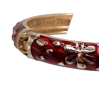 Vintage Jiu Long Xing Cloisonné Bangle Bracelet – Red Enamel Floral Hinged Bracelet – Gold Tone Signed Jewelry 6.25"