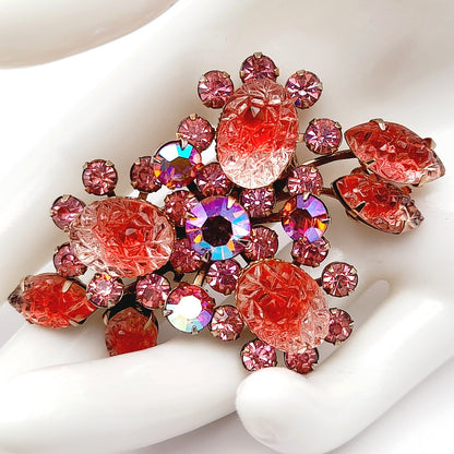 Vintage 1950s Pink Molded Glass Floral Brooch