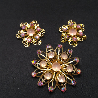 Vintage Pink Aurora Borealis Brooch Earrings Set, Pink Cabochons, 1950s Vintage Jewelry