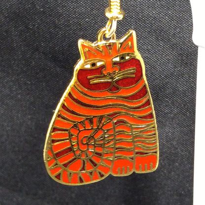 Laurel Burch "Shambala" Red Cat Brooch & Earrings, Gold Plated Cloisonné Enamel, 1980s Vintage Jewelry