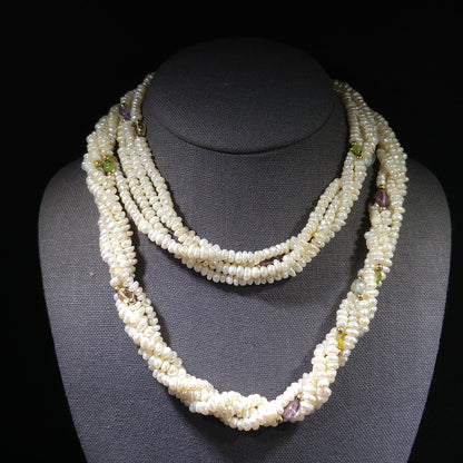 Sand Pearls & Gemstones Long Twisted Necklace, 4 Strands, No Clasp, 1970s Vintage Jewelry