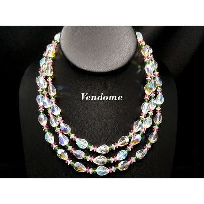 Vendome Crystal Aurora Borealis Pastel Beaded Necklace, 3 Strands Pink Green Crystal Beads, 1960s Vintage Jewelry