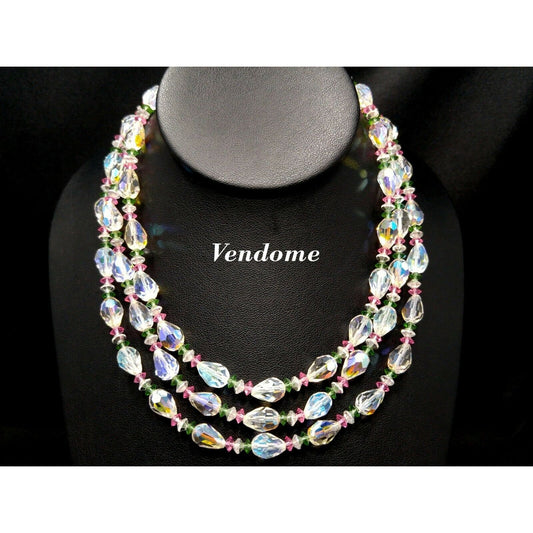 Vendome Crystal Aurora Borealis Pastel Beaded Necklace, 3 Strands Pink Green Crystal Beads, 1960s Vintage Jewelry