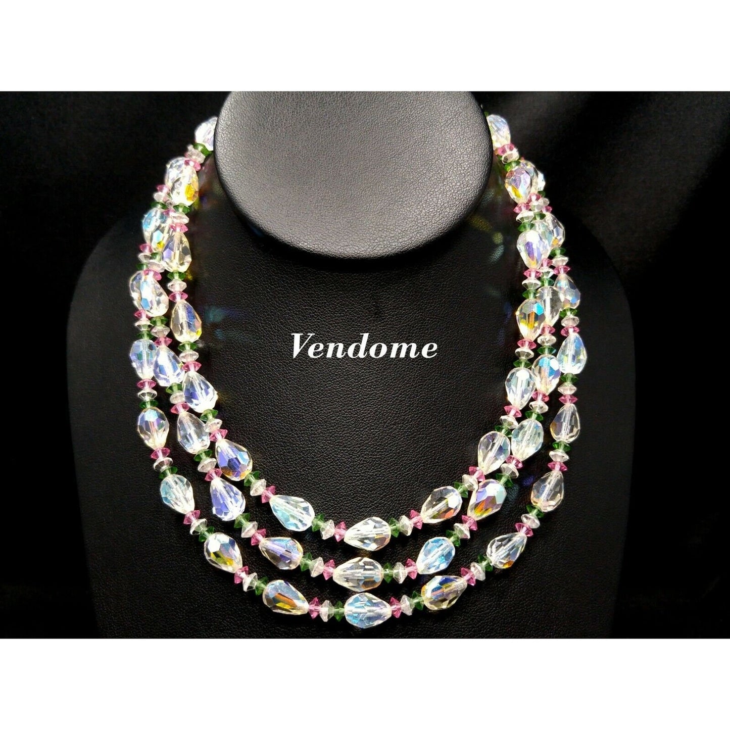 Vendome Triple Strand AB Crystal Necklace Pastel Pink Green Beads Vintage 1950s