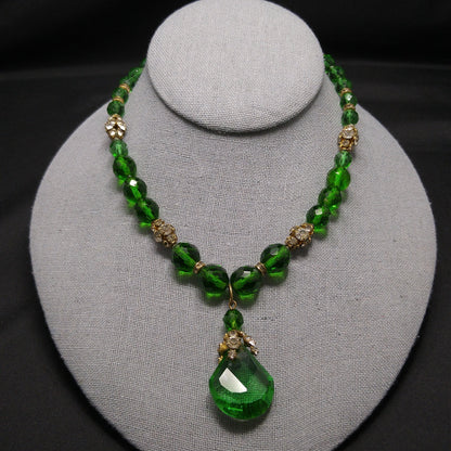 Green Czech Glass Pendant Necklace, Clear Rhinestones, 1950s Vintage Jewelry