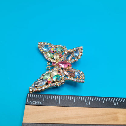 Vintage Weiss Butterfly Brooch, Pastel Rhinestones, Gold Plated, 1960s Jewelry
