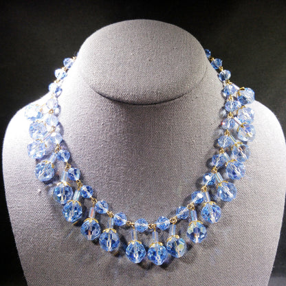 Blue Crystal Dangling Necklace, Light Blue Faceted Beads, 1960s Vintage Jewelry