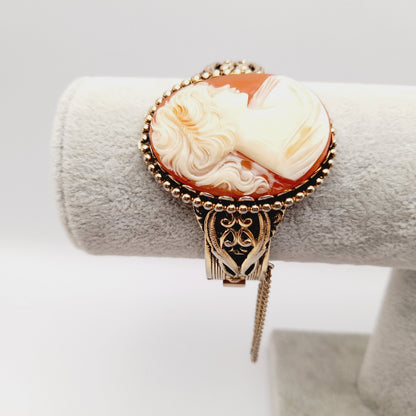 Vintage Lucite Cameo Gold Tone Hinged Bracelet with Safety Chain