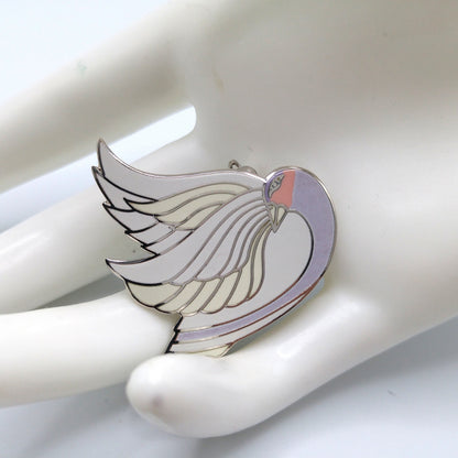 Laurel Burch "Celan" Bird Brooch, Rhodium Plated, White Lavender Enamel, 1980s Vintage Jewelry