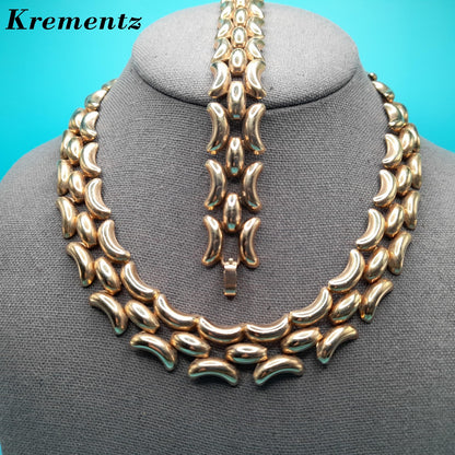 Vintage Krementz Gold Plated Bracelet Necklace Jewelry Set, Mid-Century