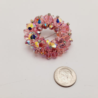 Vintage 1960s Pink Crystal Beaded Brooch Rhinestone Head Pin Accents