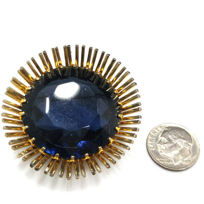 Kramer Large Blue Glass Brooch Pendant, Gold Plated, 1950s Vintage Jewelry
