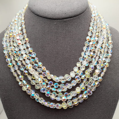 Vintage Flat Crystal Eight Strand Necklace, Hand-knotted, Aurora Borealis