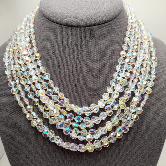 Vintage Flat Crystal Eight Strand Necklace, Hand-knotted, Aurora Borealis