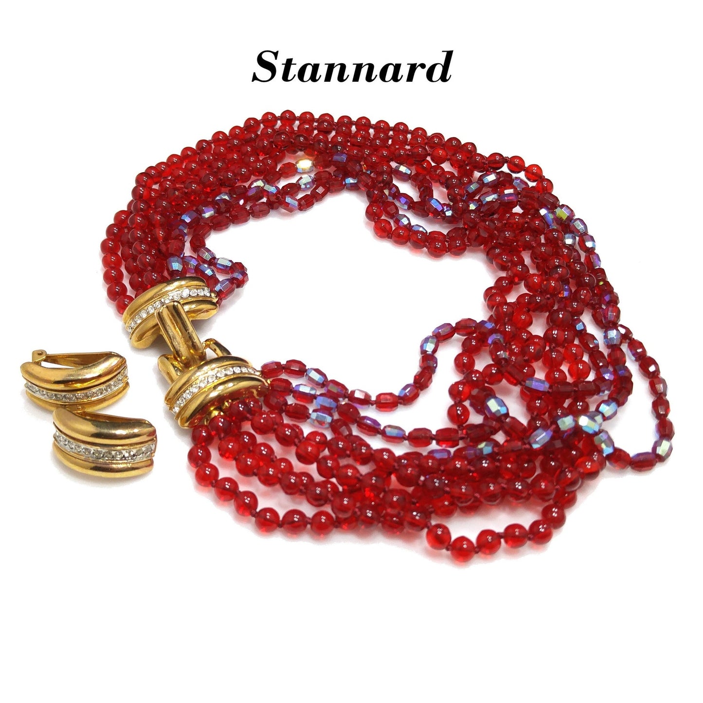 Vintage Stannard Red Glass Bead Necklace Earrings Set Gold Rhinestone Clasp 1970s