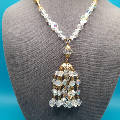 Clear Aurora Borealis Tassel Necklace, Bicone Round Aspirin Crystal Beads, 1960s Vintage Jewelry