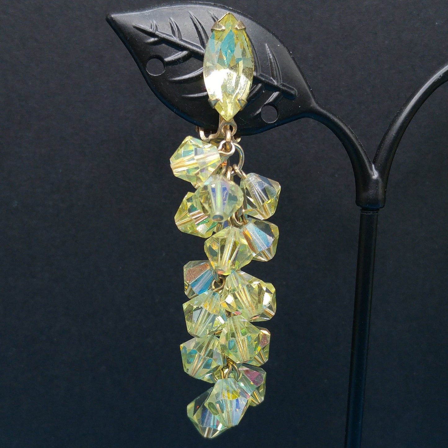 Lewis Segal Yellow Drop Clip Earrings, Aurora Borealis, 1960s Vintage Jewelry