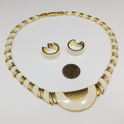 Monet Cream Enamel Gold Plated Necklace & Earrings, 1980s Vintage Jewelry