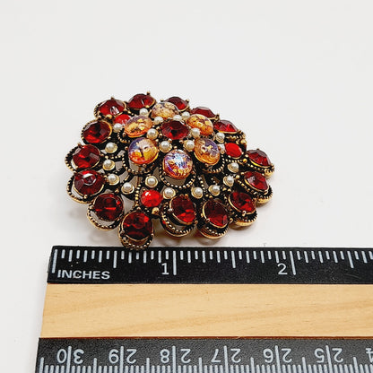 Hollycraft Vintage Red Rhinestone Cabochon Brooch, Faux Pearls, 1950s