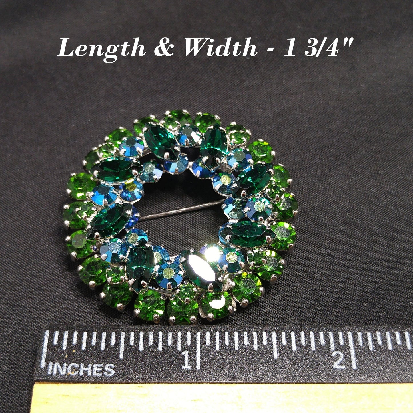 Sherman 1960s Emerald & Peacock Green Rhinestone Wreath Brooch | Aurora Borealis | Rhodium Plated Vintage Jewelry