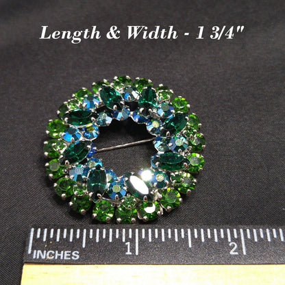 Sherman 1960s Emerald & Peacock Green Rhinestone Wreath Brooch | Aurora Borealis | Rhodium Plated Vintage Jewelry
