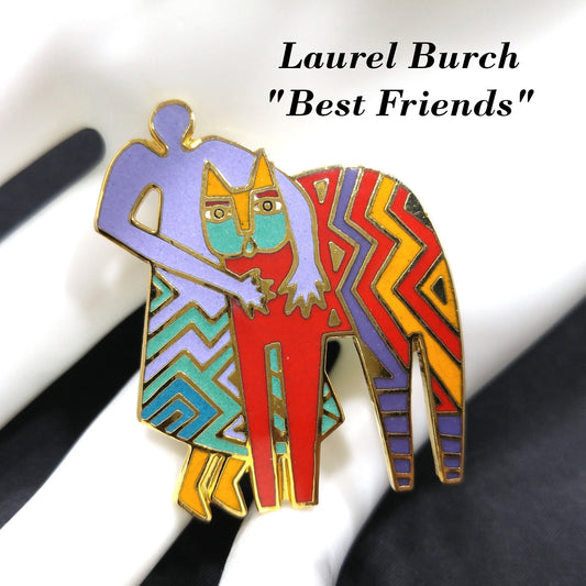 Laurel Burch Vintage "Best Friends" Brooch, Gold Plated Cloisonne Enamel, 1980s Vintage Jewelry
