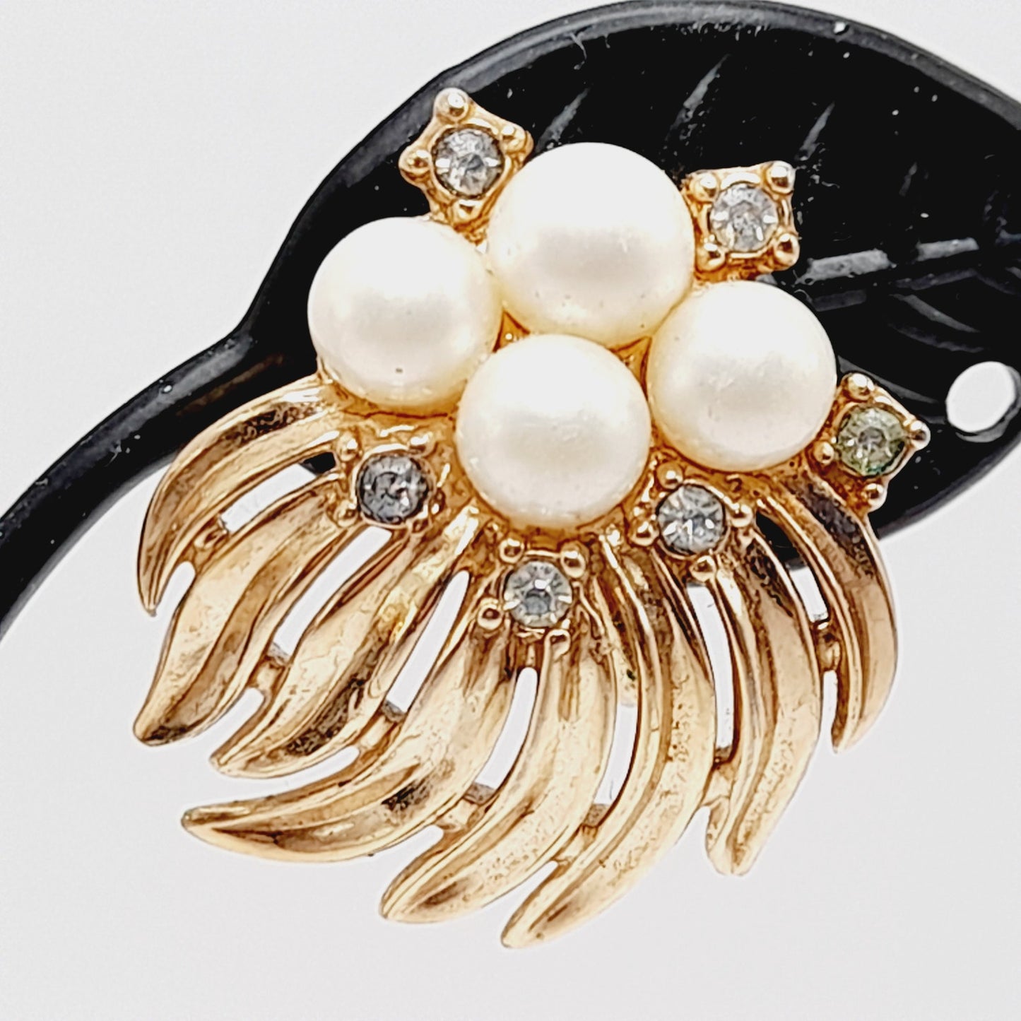 Vintage Crown Trifari Clip Earrings | Faux Pearl & Rhinestone Gold Tone - Mid-Century