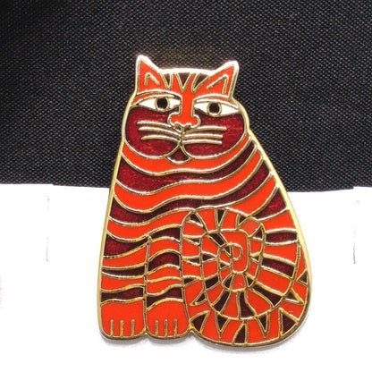 Laurel Burch "Shambala" Red Cat Brooch & Earrings, Gold Plated Cloisonné Enamel, 1980s Vintage Jewelry
