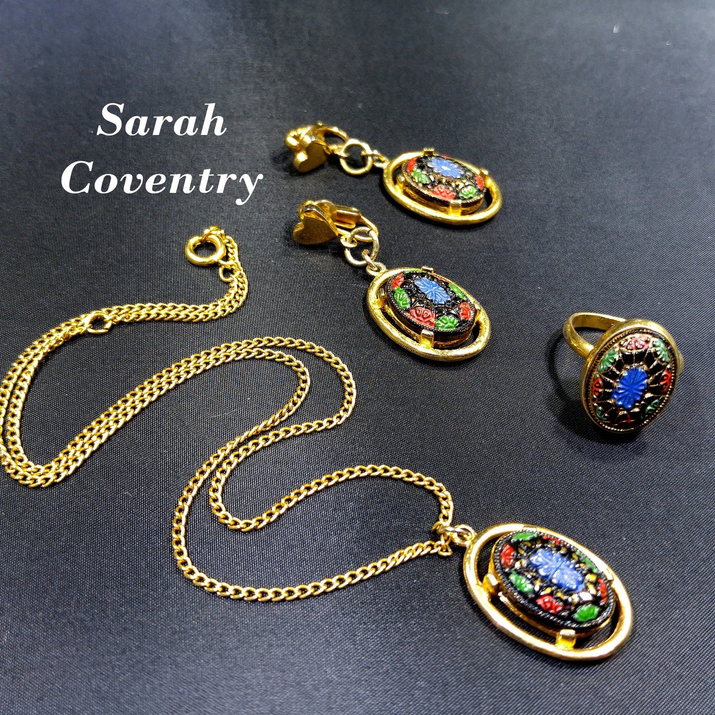 Sarah Coventry Light of the East Jewelry Set, Necklace Earrings Ring, 1970s
