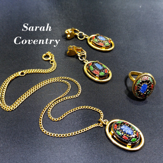 Sarah Coventry Light of the East Jewelry Set, Necklace Earrings Ring, 1970s