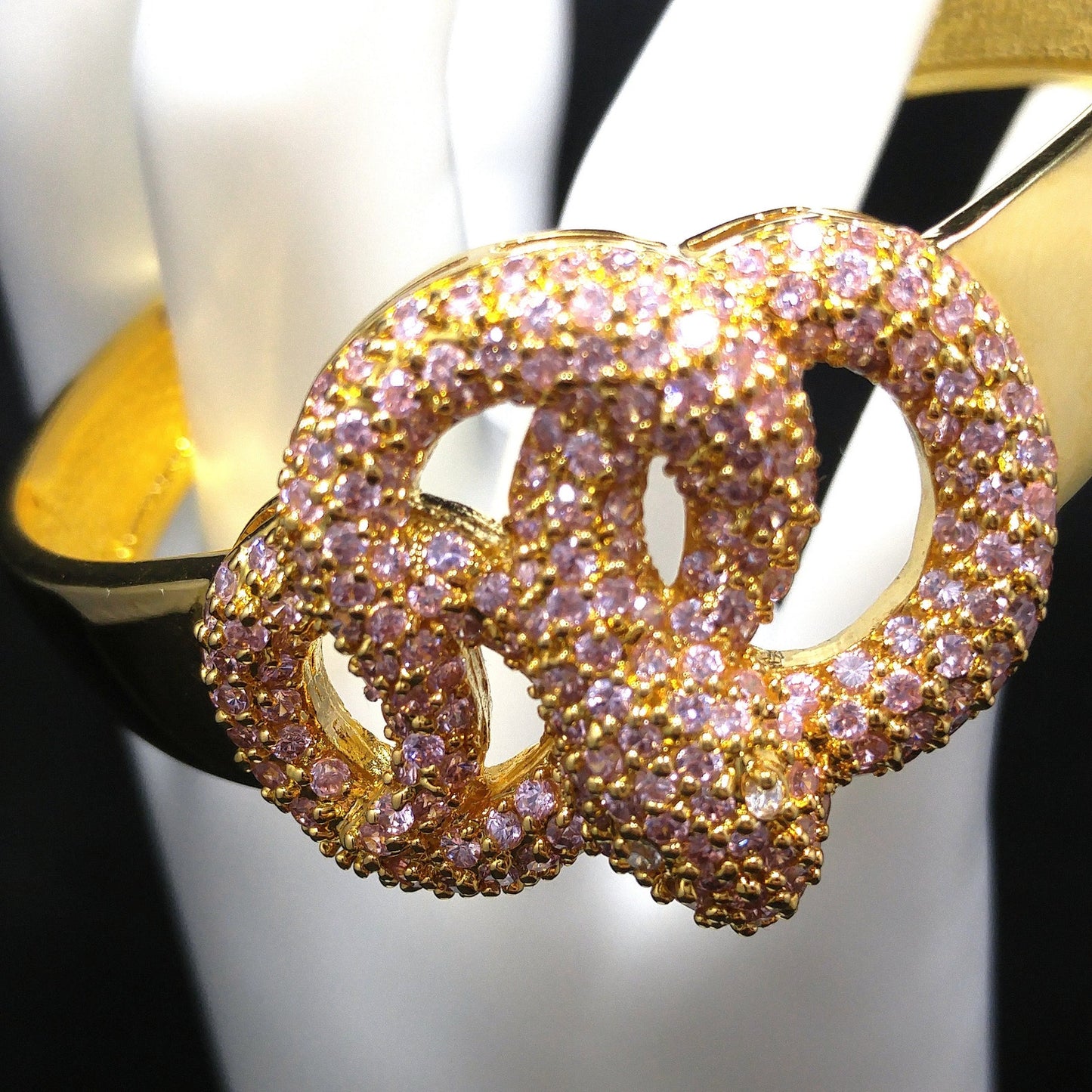 Noir New York Pink Rhinestone Snake Cuff Bracelet Gold Tone Vintage Designer