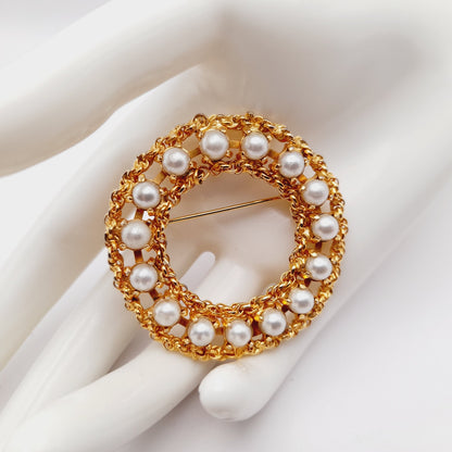 Vintage Signed Hobe Gold Tone Pearl Wreath Brooch - 2 Inches