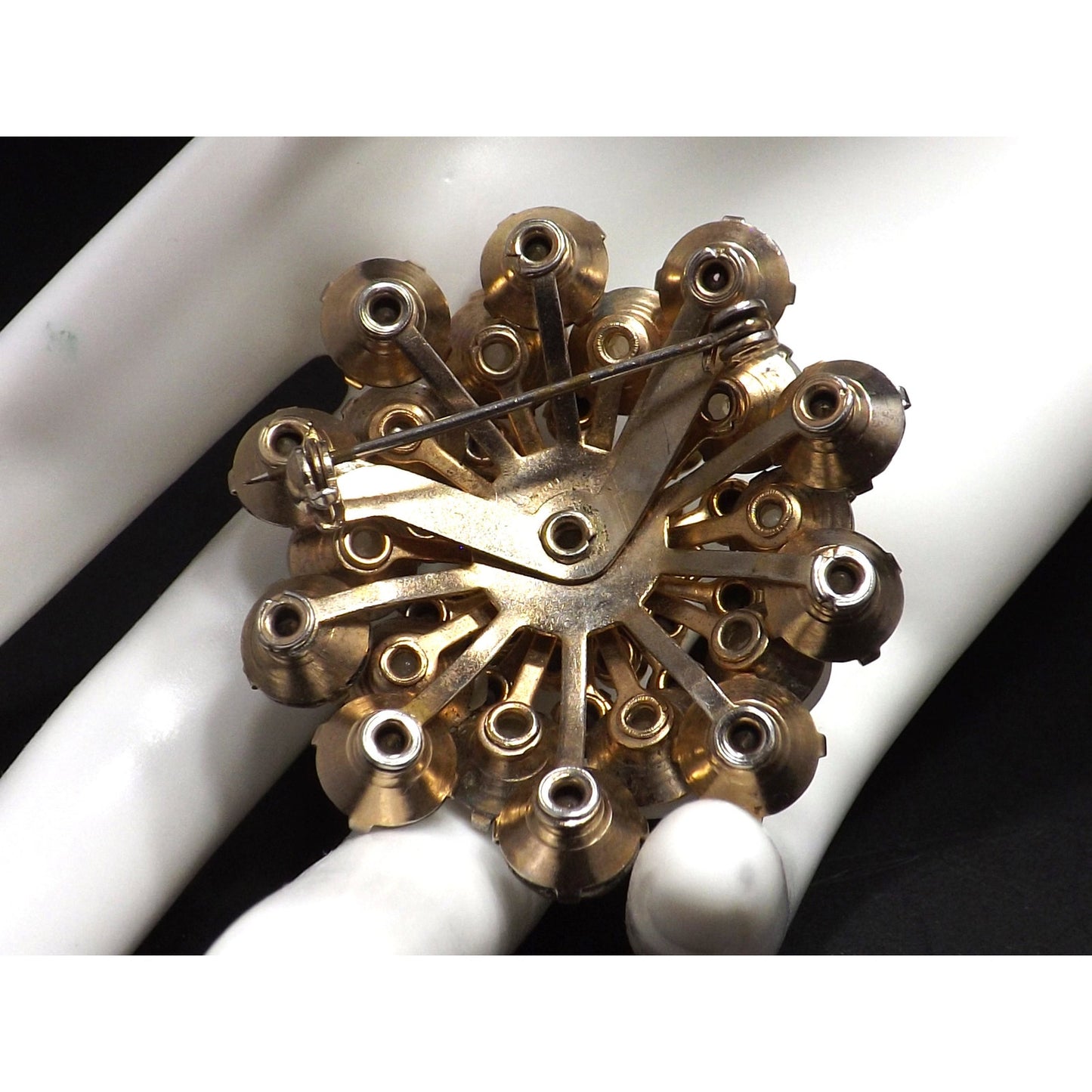 Aurora Borealis Domed Floral Brooch, Riveted Construction, 1950s Vintage Jewelry