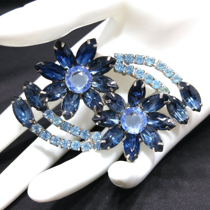 Blue Rhinestone Floral Brooch, Rhodium Plated, 1960s Vintage Jewelry